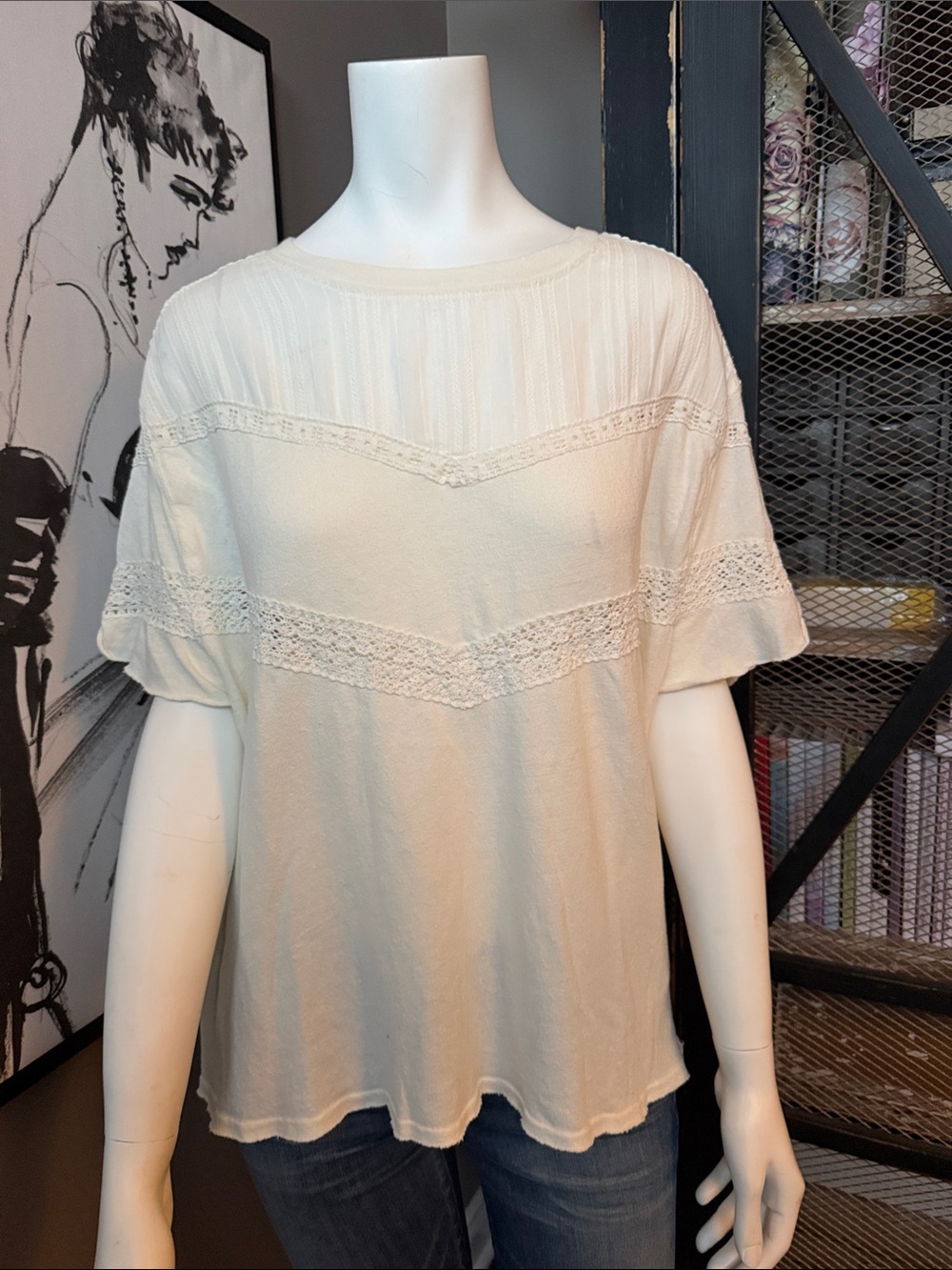 We The Free Cream Lace-Trim Short Sleeve Tee